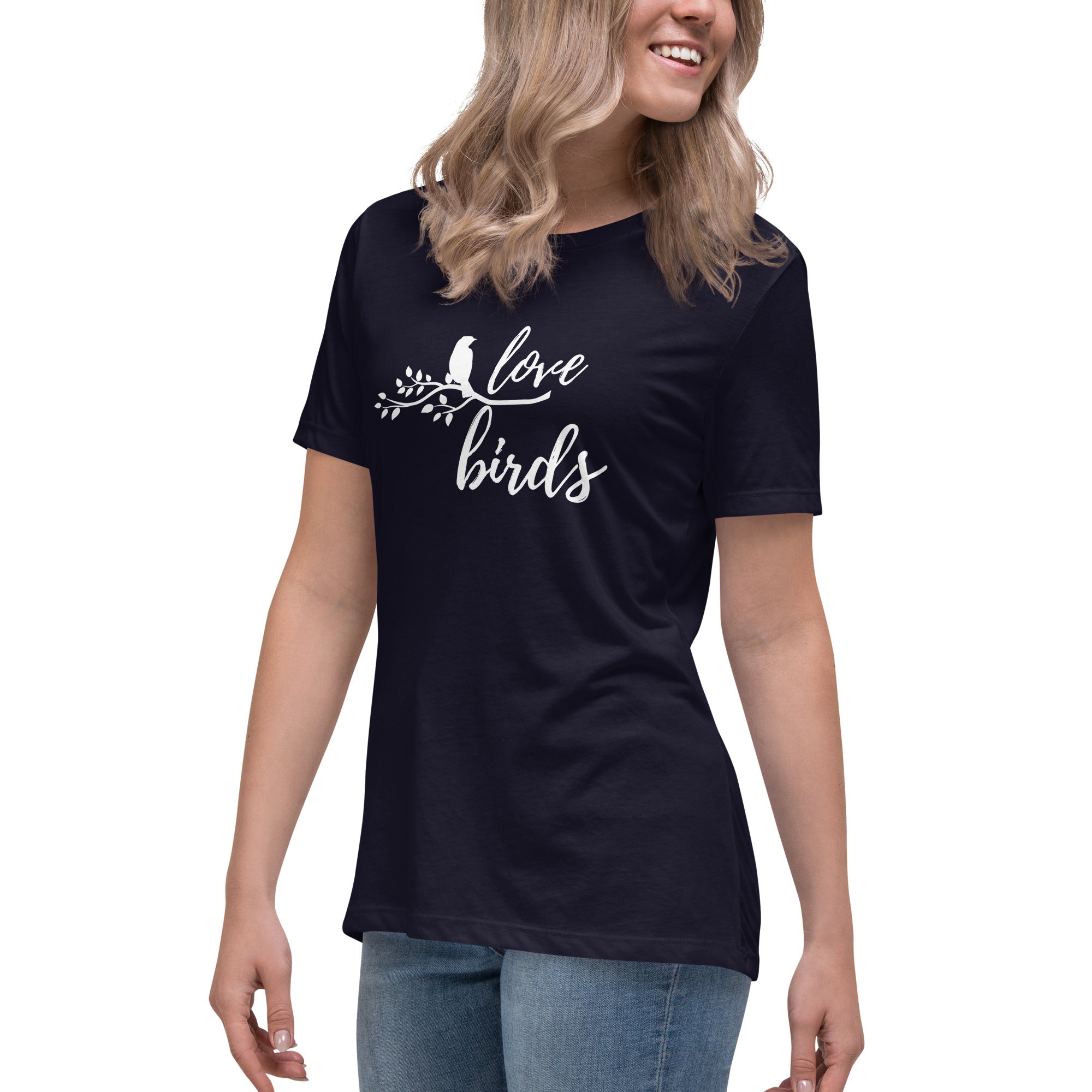 Navy women's birding t-shirt with the words Love birds and a graphic of a bird on a branch in white.