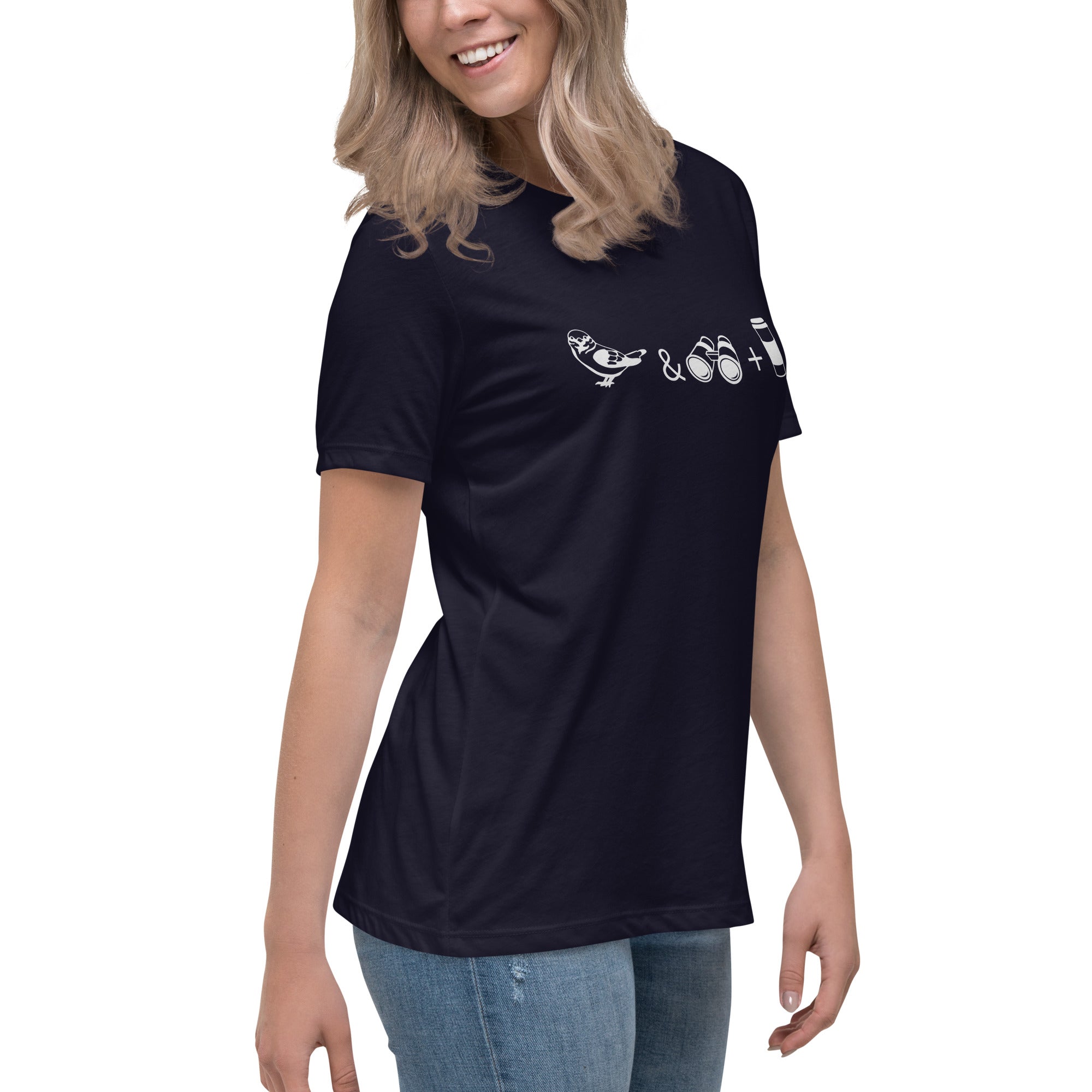 Navy blue women's bird t-shirt celebrating bird watching and coffee with a graphic of binoculars, a bird, and a travel cup of coffee.