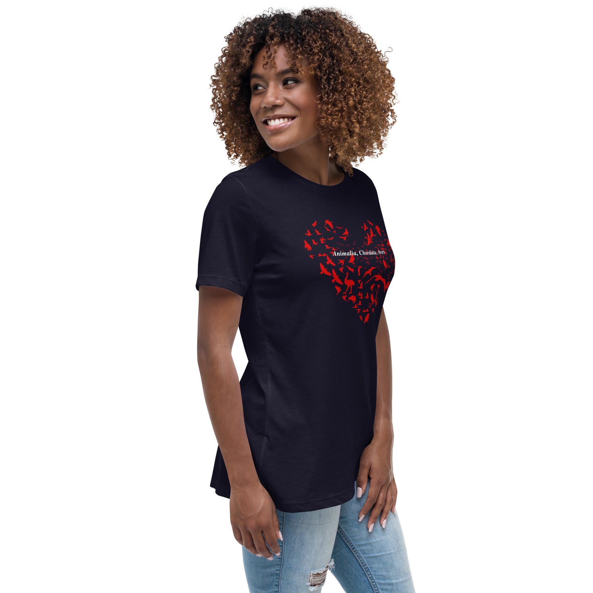 Black women's bird t-shirt with a bird silhouettes of many different types of birds in red and arranged so they make a heart shape, on top of that the words, "Animalia, Chordata, Aves".