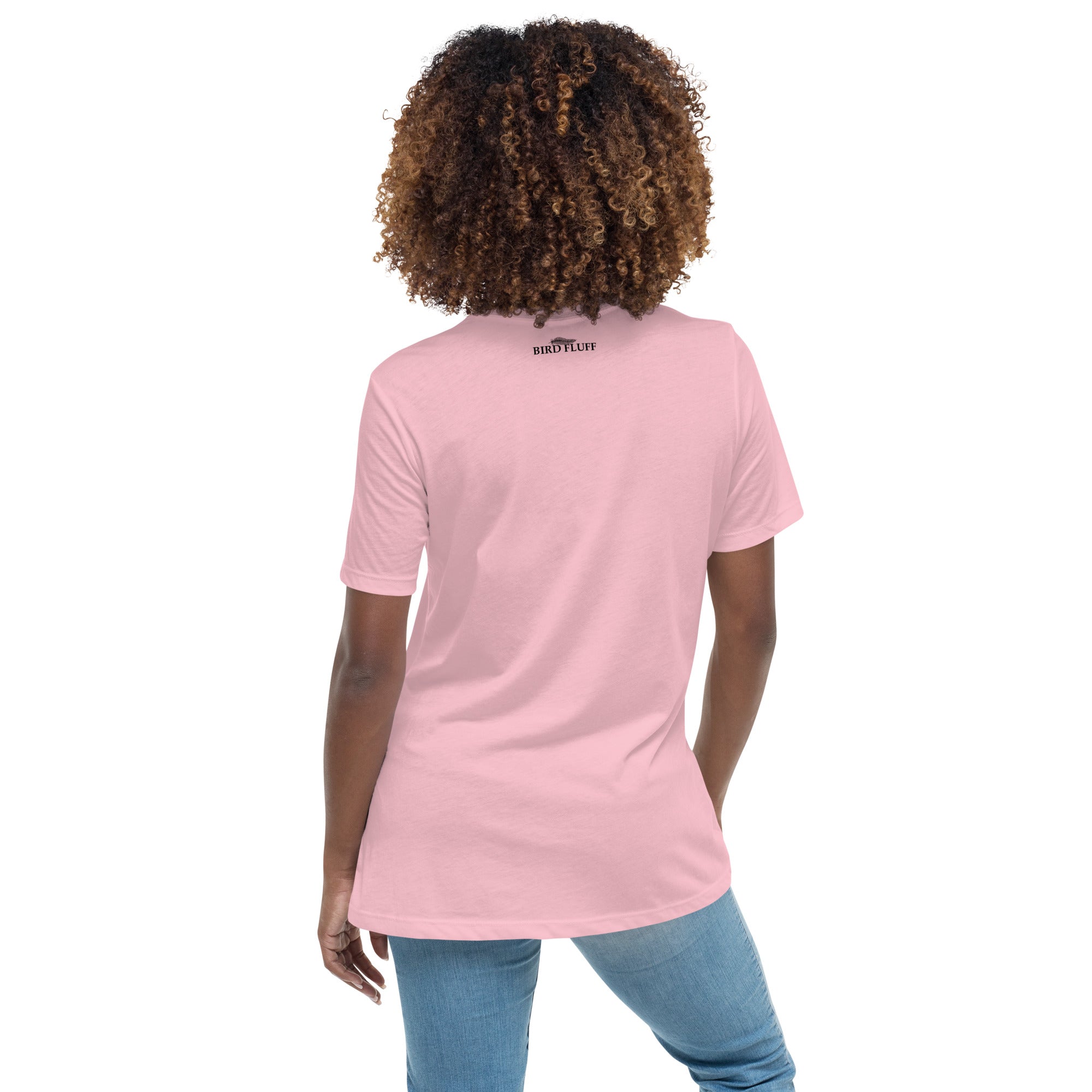 Pink bird shirt featuring an illustration of a three sanderlings on a beach and the common and scientific names for the bird underneath. Rear view shown with small brand logo near collar.