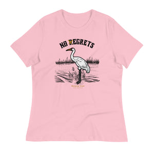 Pink women's bird shirt featuring a play on the "No Regrets" tattoo that has the "R" crossed out to say "No Egrets" with a Whooping Crane below in a wetland setting.