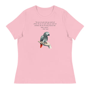 Pink bird shirt with a Mark Twain woman who keeps parrot quote and a illustration of an african grey parrot perched on a hand beneath.