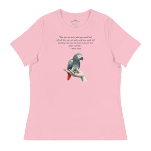 Pink bird shirt with a Mark Twain woman who keeps parrot quote and a illustration of an african grey parrot perched on a hand beneath. Worn by a woman.