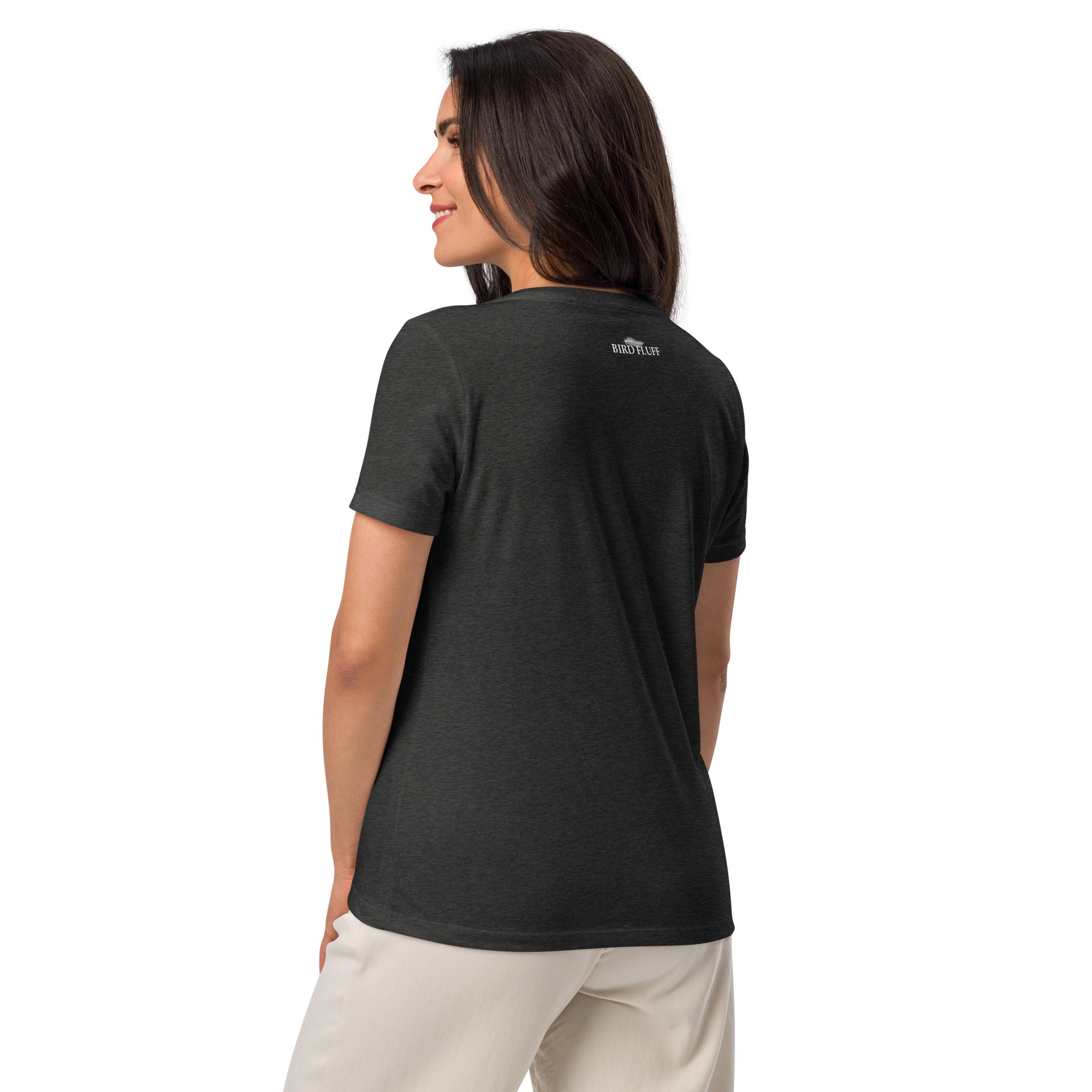 Dark heather grey women's v-neck bird t-shirt with a smiley face looking up and to the side at a flock of birds surrounded by the words, "Easily Distracted" above and, "Mostly by Birds" below. rear of shirt showing brand logo near collar.