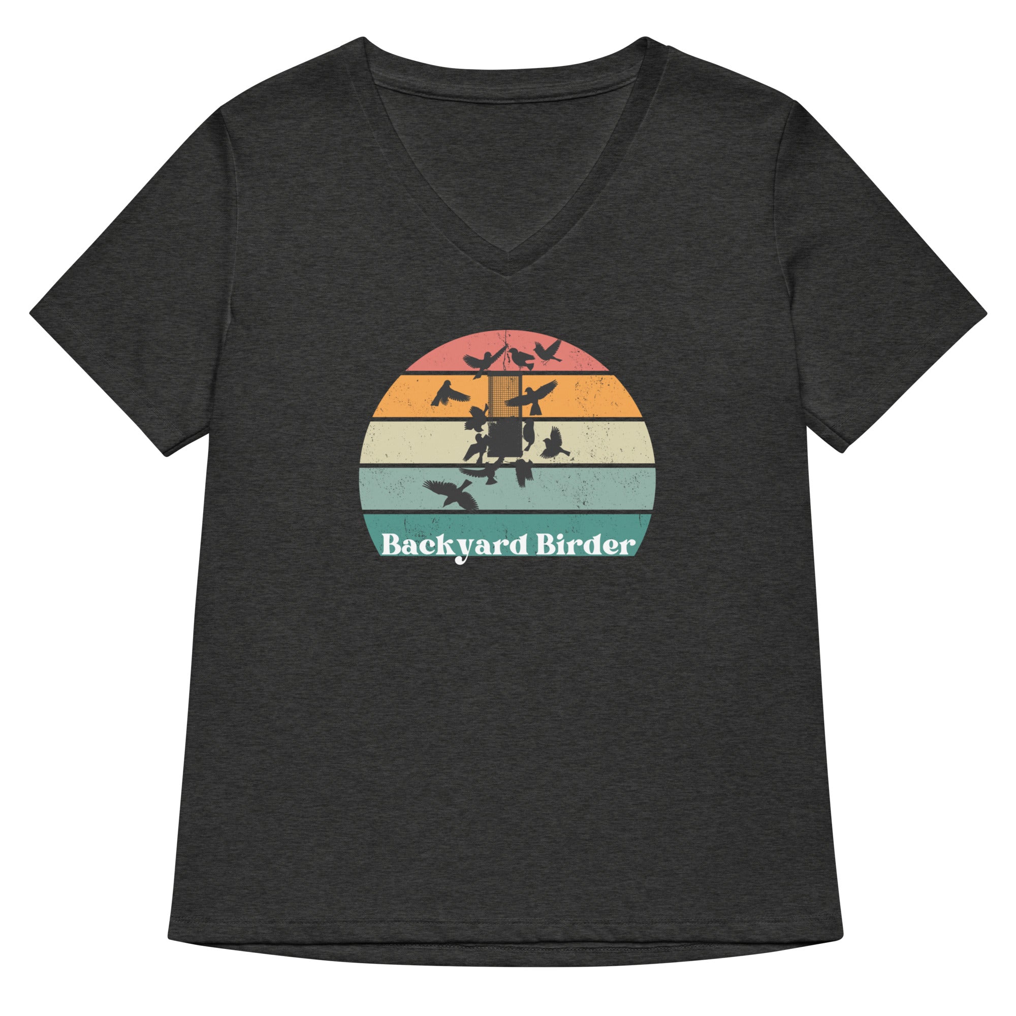 Heathered dark grey women's v-neck bird shirt with a retro sun design outlining a bird feeder with the words Backyard Birder. 