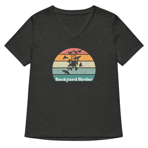 Heathered dark grey women's v-neck bird shirt with a retro sun design outlining a bird feeder with the words Backyard Birder. 