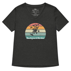 Dark heather gray women's v-neck bird shirt with a retro sun design outlining a bird feeder with the words Backyard Birder.