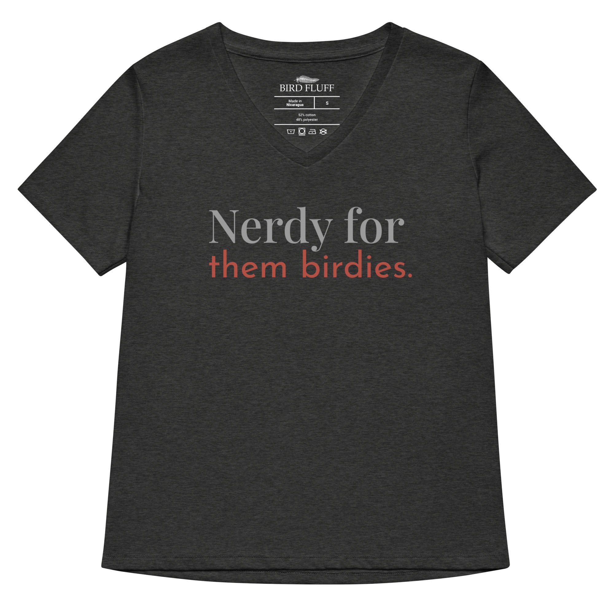 Dark heather gray women's v-neck bird shirt with the words Nerdy for them birdies on the front in two coordinating fonts and colors.