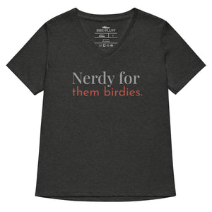 Dark heather gray women's v-neck bird shirt with the words Nerdy for them birdies on the front in two coordinating fonts and colors.