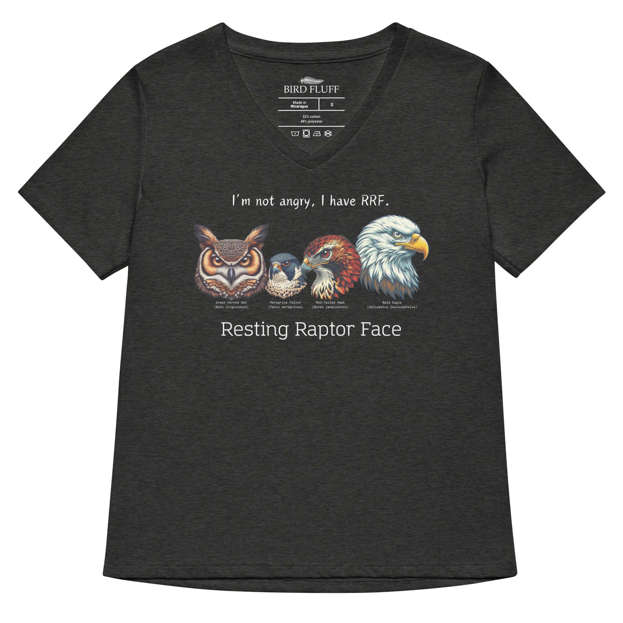 A black women's v-neck bird shirt with a great horned owl, a peregrine falcon, a red-tailed hawk and a bald eagle. The shirt has text that says, I'm not angry, I have RRF. Resting Raptor Face. 