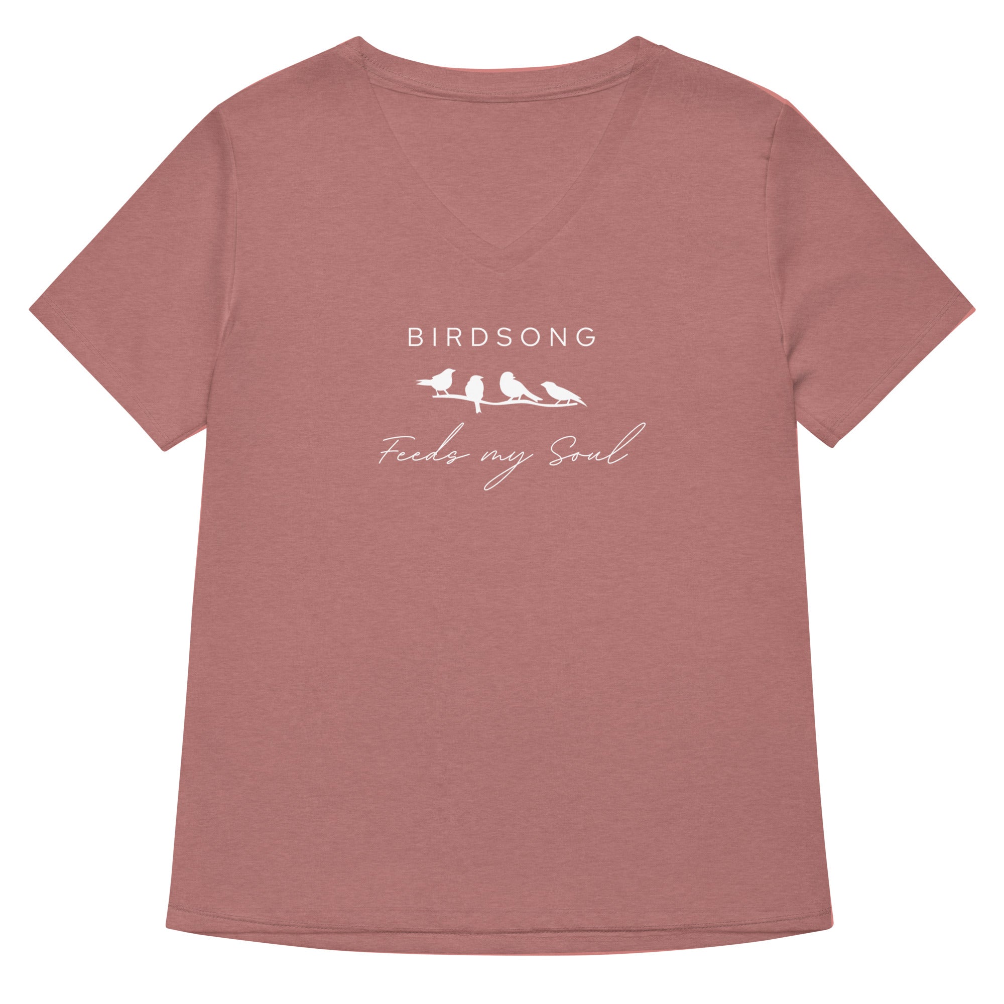 Heathered mauve women's v-neck bird t-shirt with the words Birdsong feeds my soul placed above and below a white graphic of 4 birds on a branch.