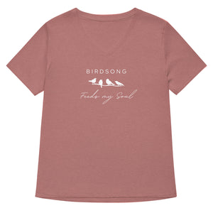 Heathered mauve women's v-neck bird t-shirt with the words Birdsong feeds my soul placed above and below a white graphic of 4 birds on a branch.