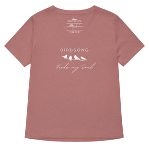 Heathered mauve women's v-neck bird t-shirt with the words Birdsong feeds my soul placed above and below a white graphic of 4 birds on a branch.