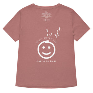 Heathered mauve women's v-neck bird t-shirt with a smiley face looking up and to the side at a flock of birds surrounded by the words, "Easily Distracted" above and, "Mostly by Birds" below.