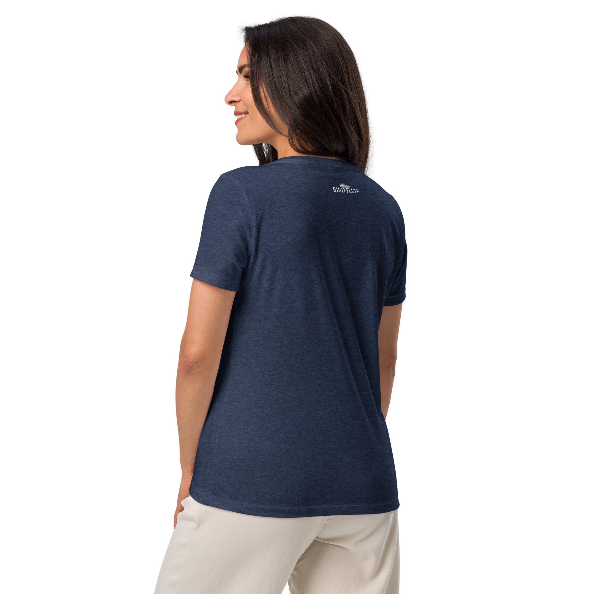 Heather navy women's v-neck bird t-shirt with the words I'm sorry I wasn't listening, I saw a bird. And a graphic of a bird flying.