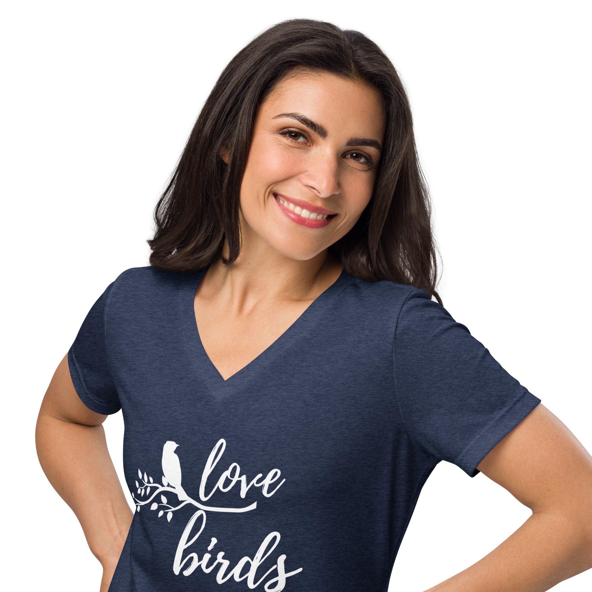 Navy heather women's v-neck birding t-shirt with the words Love birds and a graphic of a bird on a branch in white. Worn by a woman.