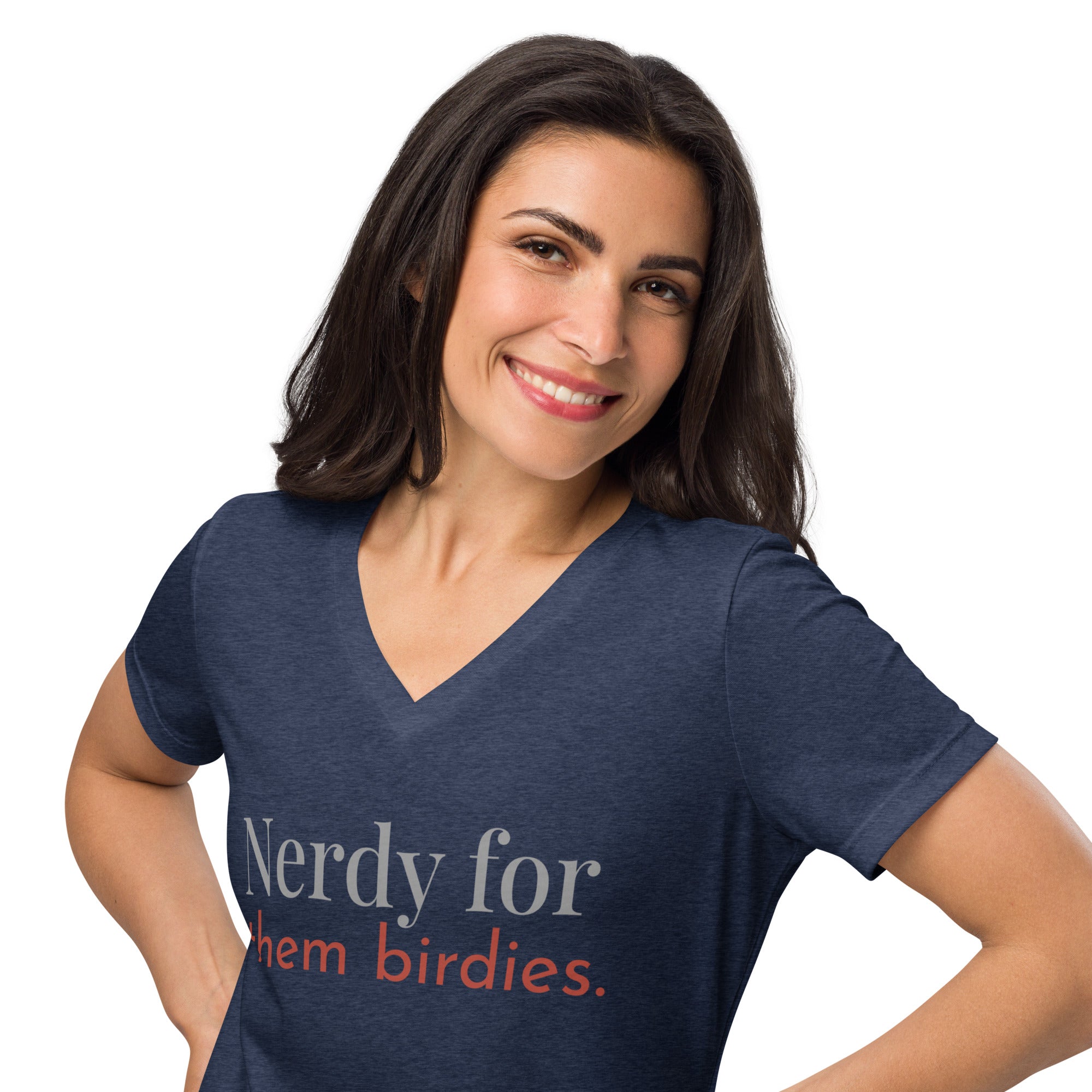 Heather navy women's v-neck bird shirt with the words Nerdy for them birdies on the front in two coordinating fonts and colors. Worn by a woman.