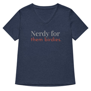 Heather navy women's v-neck bird shirt with the words Nerdy for them birdies on the front in two coordinating fonts and colors.