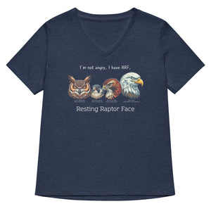 A heathered navy blue women's v-neck bird shirt with a great horned owl, a peregrine falcon, a red-tailed hawk and a bald eagle. The shirt has text that says, I'm not angry, I have RRF. Resting Raptor Face.