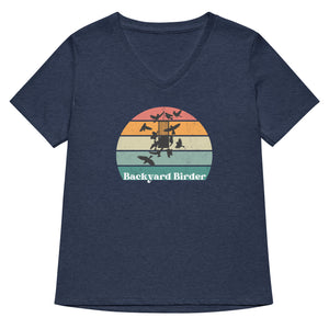 Heathered Navy blue women's v-neck bird shirt with a retro sun design outlining a bird feeder with the words Backyard Birder. 