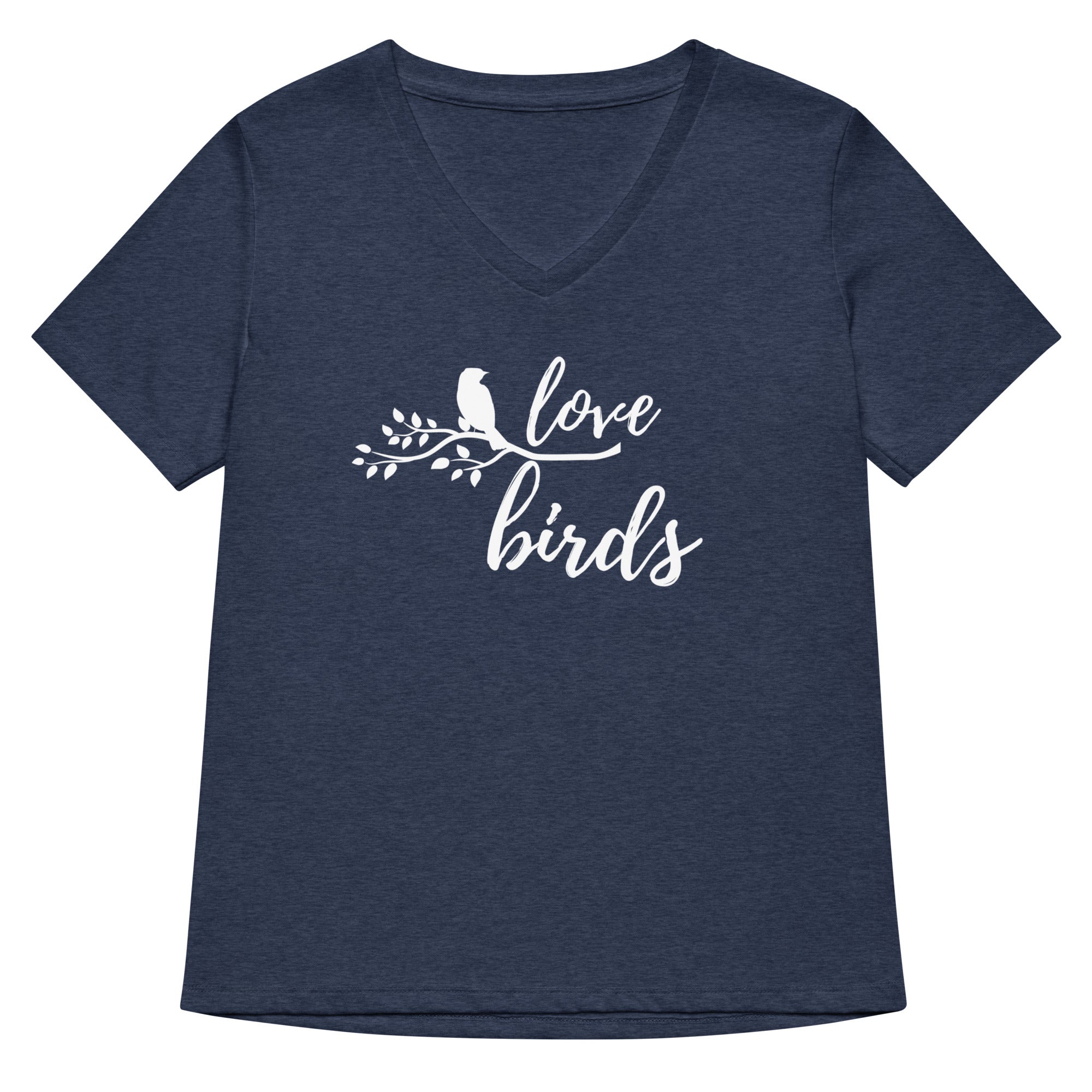 Heather navy women's v-neck birding t-shirt with the words Love birds and a graphic of a bird on a branch in white.