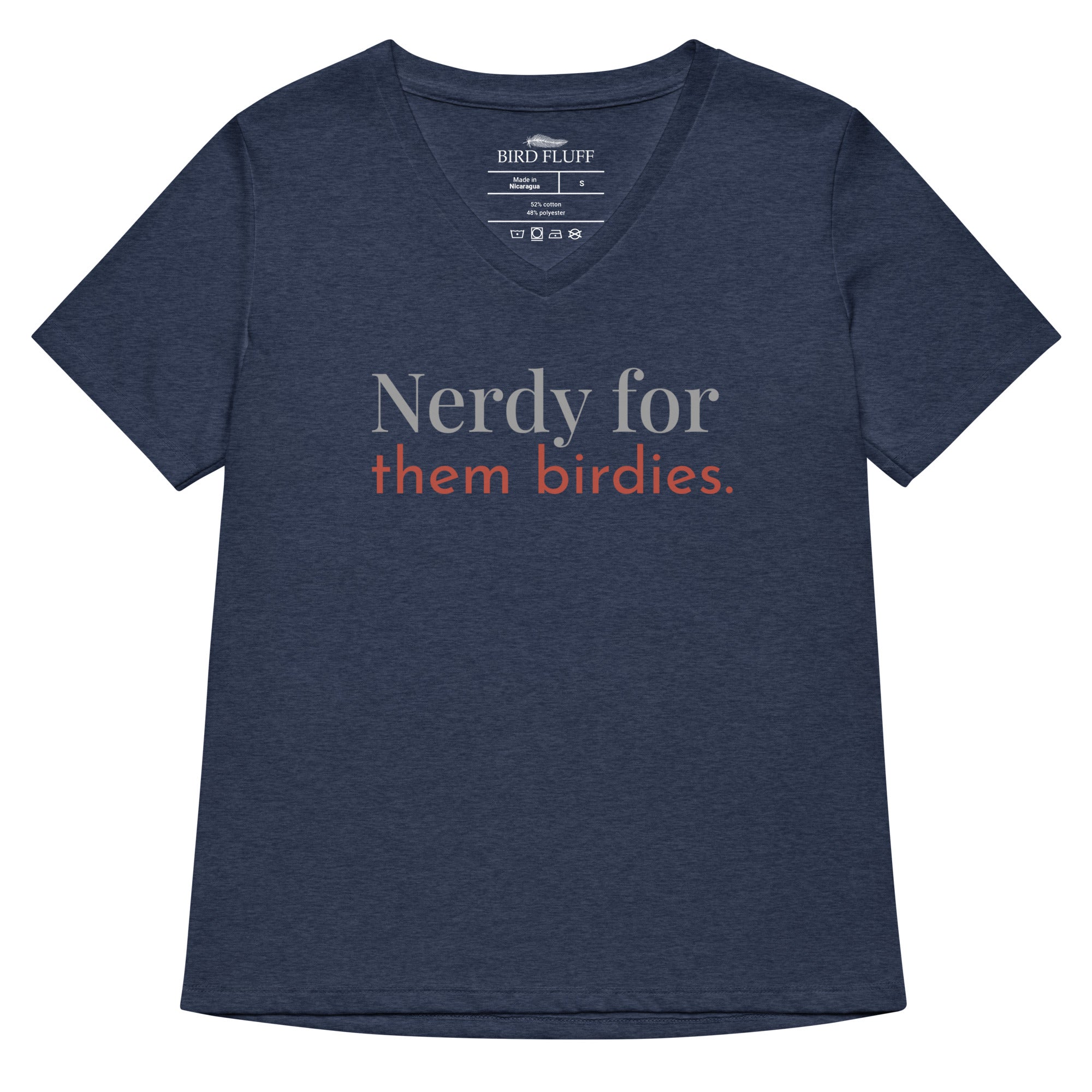 Heather navy women's v-neck bird shirt with the words Nerdy for them birdies on the front in two coordinating fonts and colors.