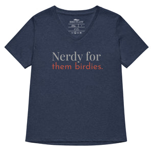 Heather navy women's v-neck bird shirt with the words Nerdy for them birdies on the front in two coordinating fonts and colors.