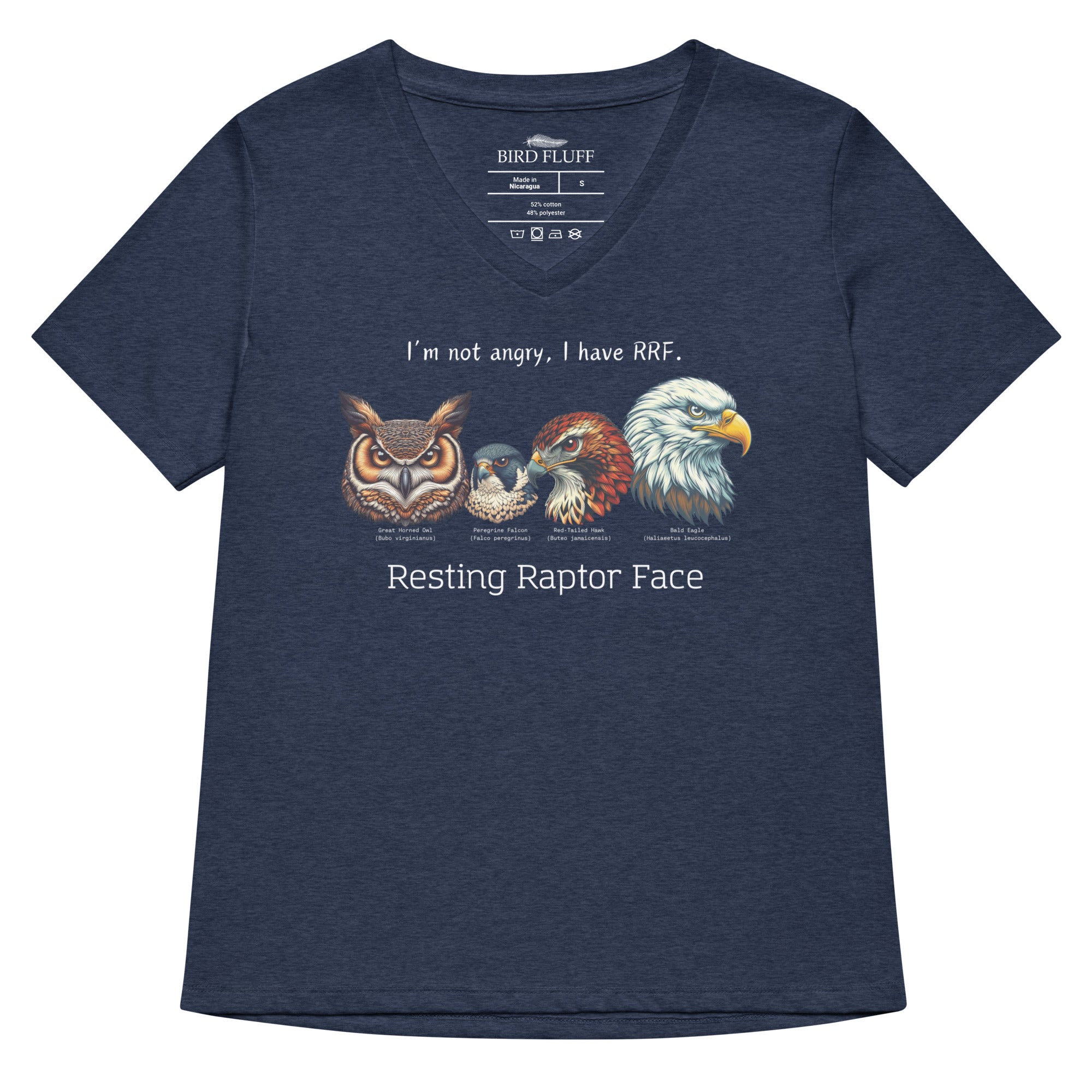 A heather navy women's v-neck bird shirt with a great horned owl, a peregrine falcon, a red-tailed hawk and a bald eagle. The shirt has text that says, I'm not angry, I have RRF. Resting Raptor Face.