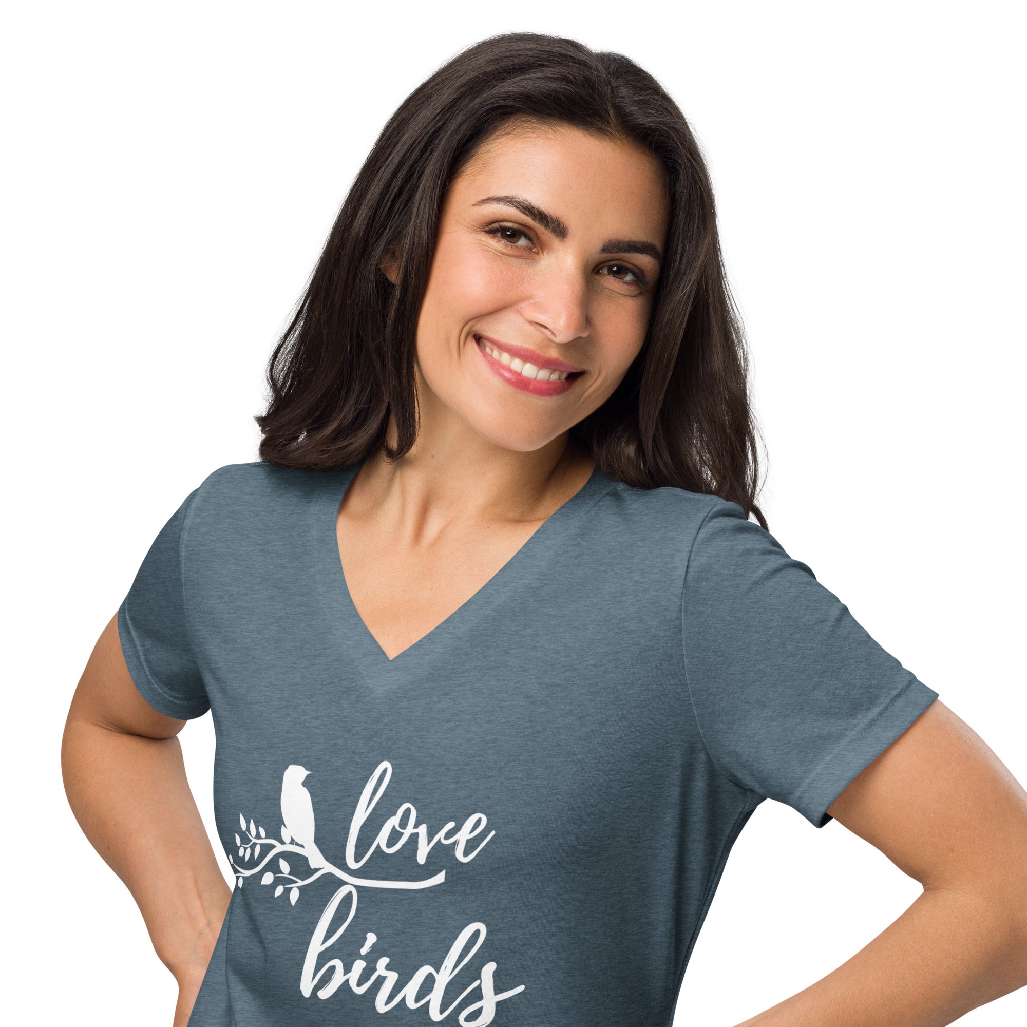 Heather slate blue women's v-neck birding t-shirt with the words Love birds and a graphic of a bird on a branch in white. Worn by a woman.