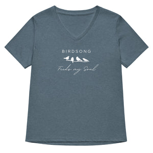 Slate heather blue women's v-neck bird t-shirt with the words Birdsong feeds my soul placed above and below a white graphic of 4 birds on a branch.