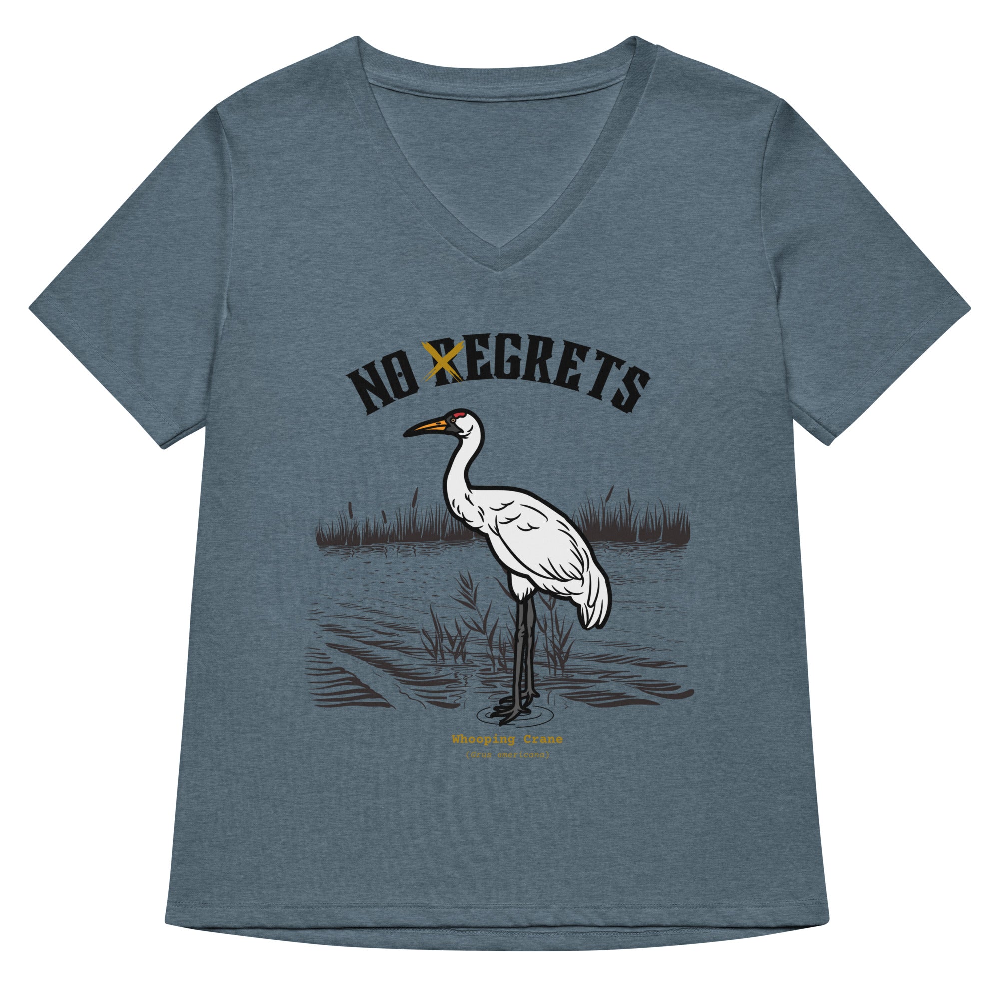 Slate heather blue women's bird shirt featuring a play on the "No Regrets" tattoo that has the "R" crossed out to say "No Egrets" with a Whooping Crane below in a wetland setting.