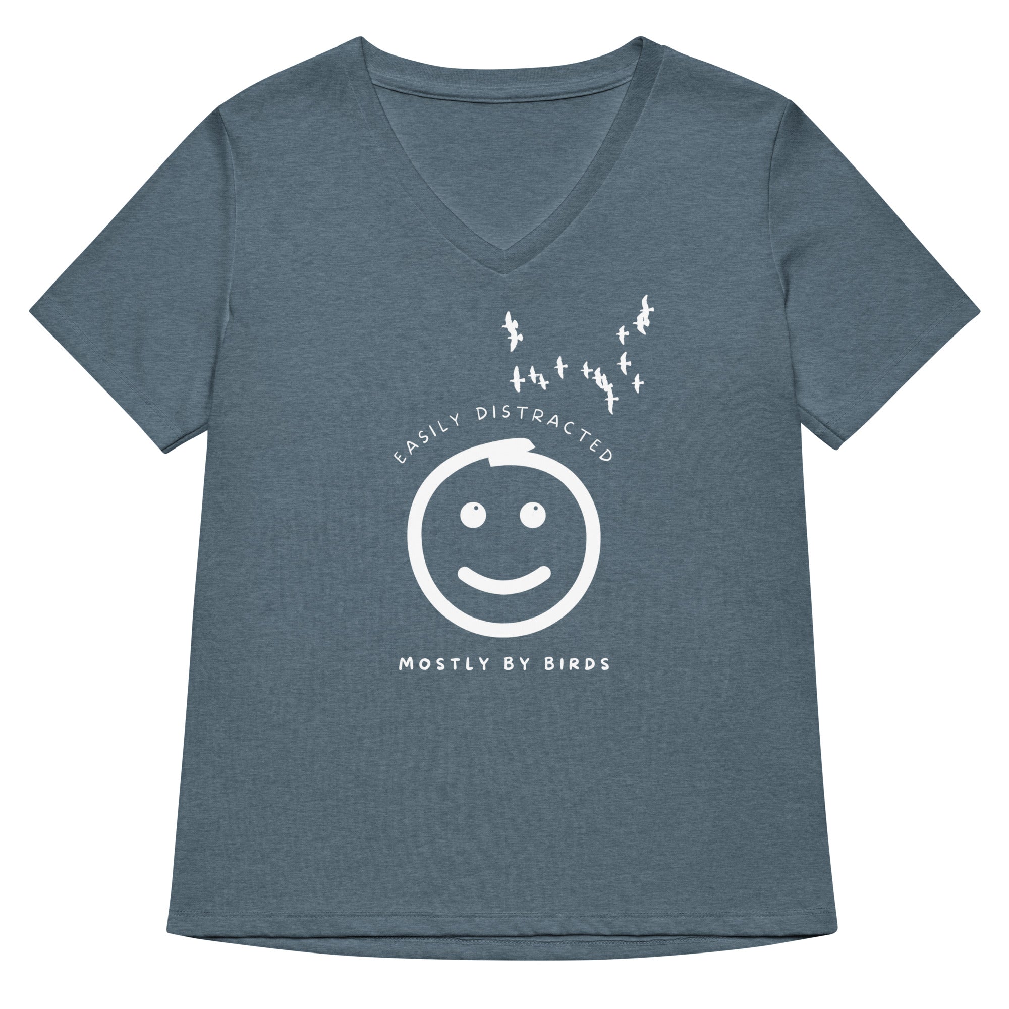 Heather slate blue women's v-neck bird t-shirt with a smiley face looking up and to the side at a flock of birds surrounded by the words, "Easily Distracted" above and, "Mostly by Birds" below. 