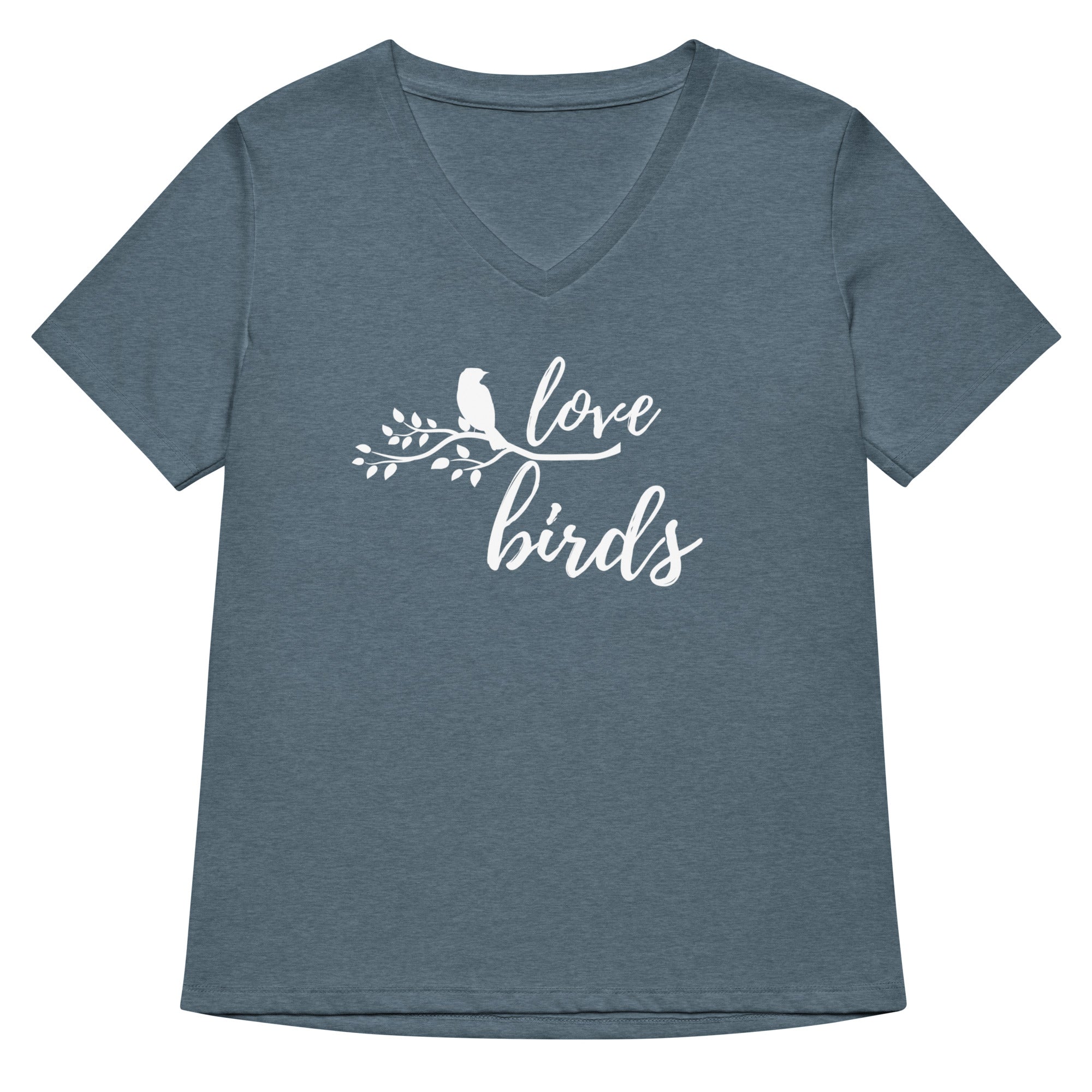 Heather slate blue women's v-neck birding t-shirt with the words Love birds and a graphic of a bird on a branch in white.