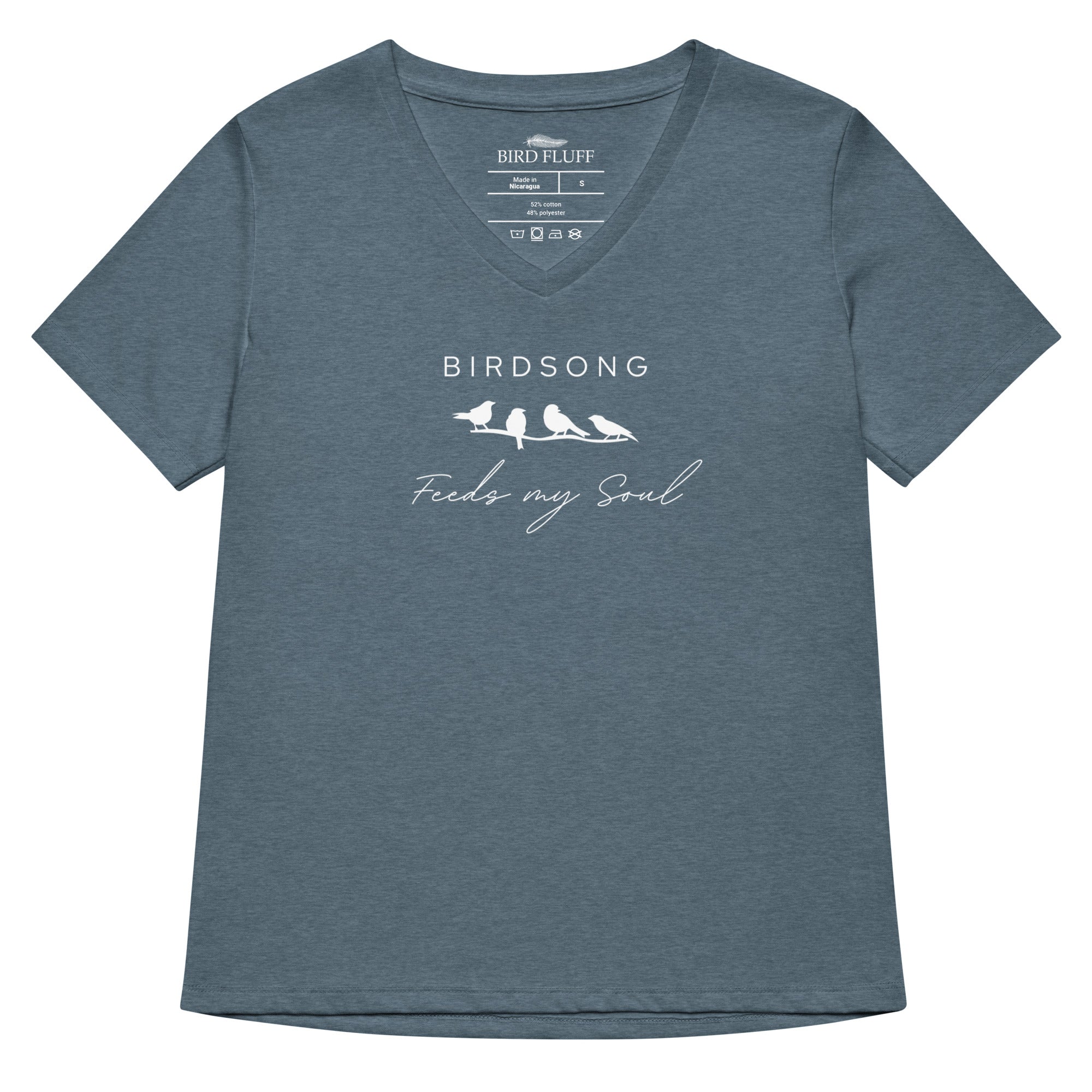 Heathered slate blue women's v-neck bird t-shirt with the words Birdsong feeds my soul placed above and below a white graphic of 4 birds on a branch.