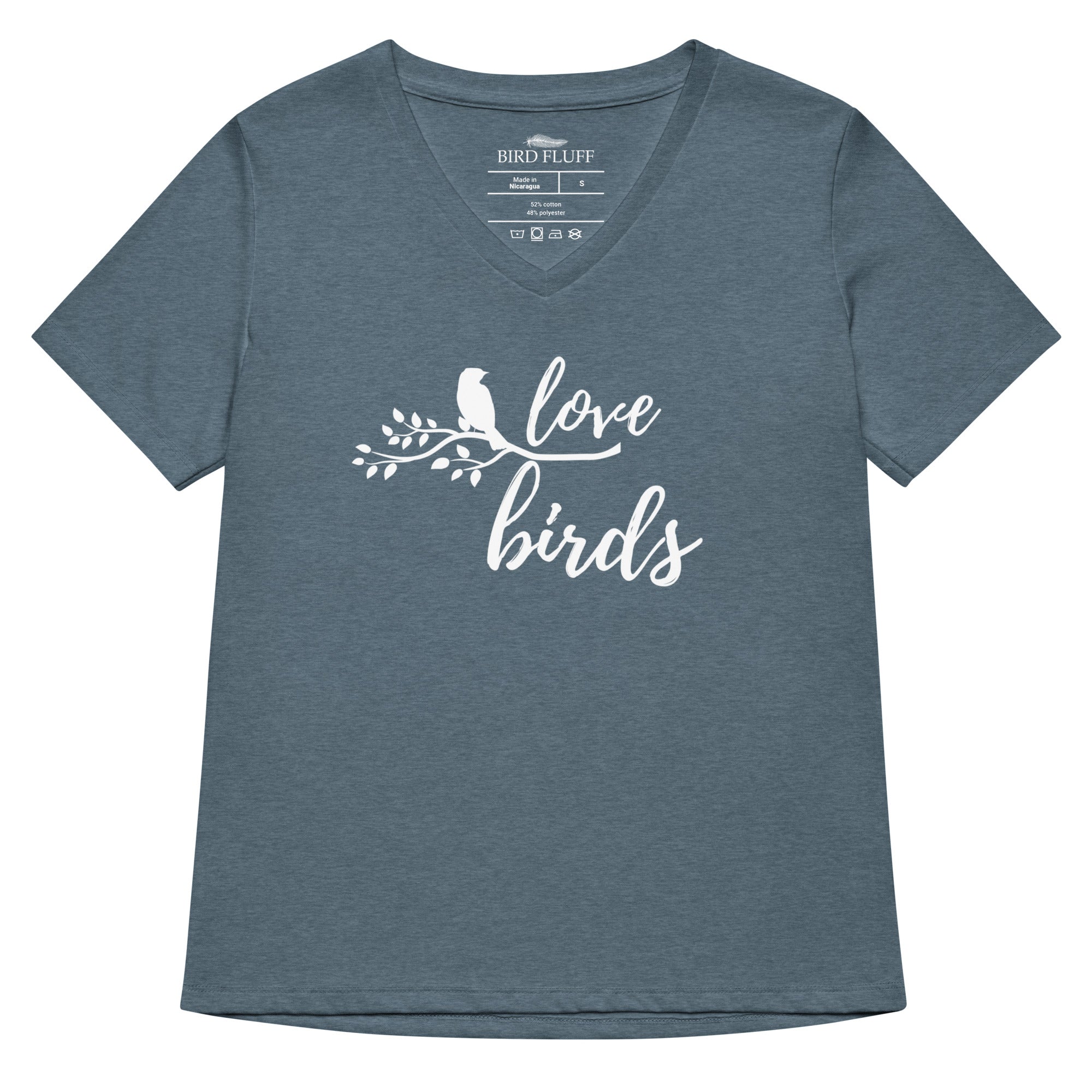 Slate blue heather women's v-neck birding t-shirt with the words Love birds and a graphic of a bird on a branch in white.