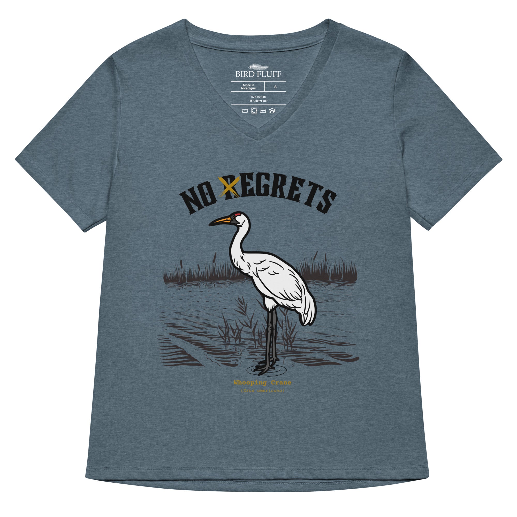 Slate heather blue women's bird shirt featuring a play on the "No Regrets" tattoo that has the "R" crossed out to say "No Egrets" with a Whooping Crane below in a wetland setting.