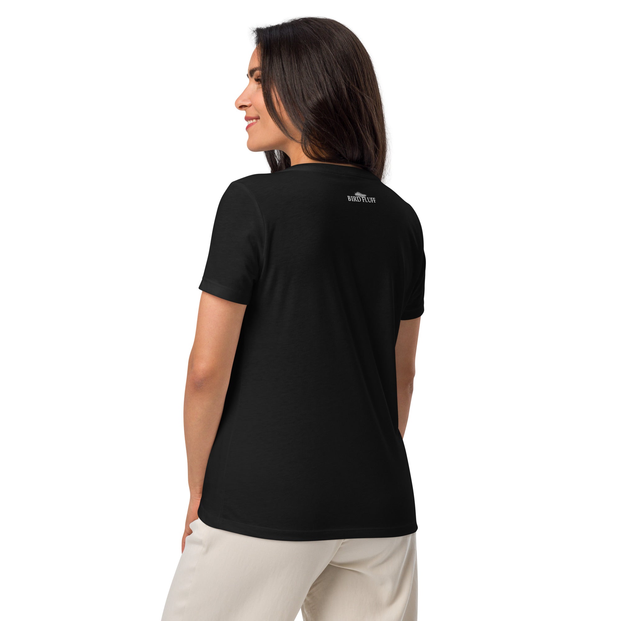 Black women's v-neck bird shirt with the words Nerdy for them birdies on the front in two coordinating fonts and colors. Rear shown with brand logo near collar.