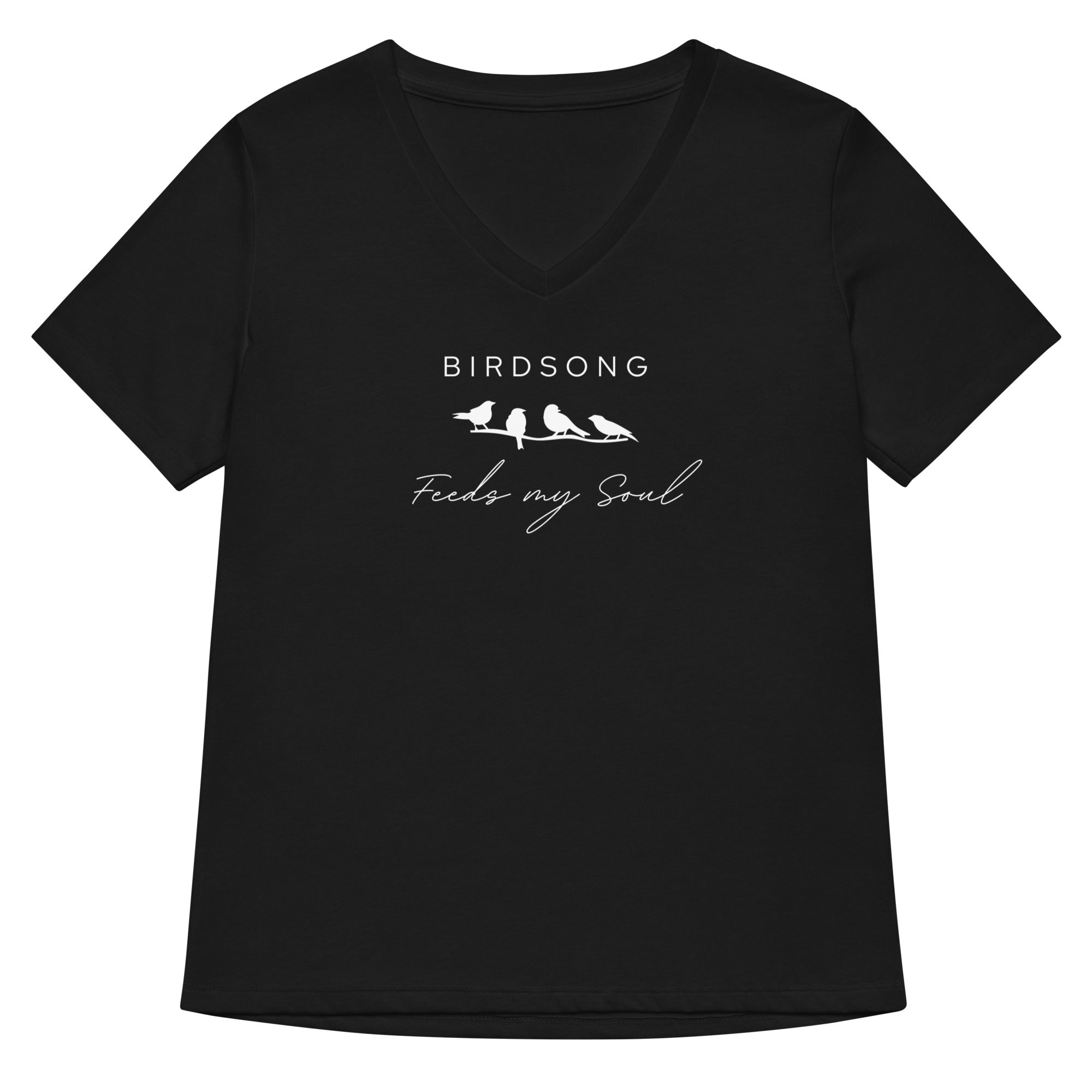 Black women's v-neck bird t-shirt with the words Birdsong feeds my soul placed above and below a white graphic of 4 birds on a branch.