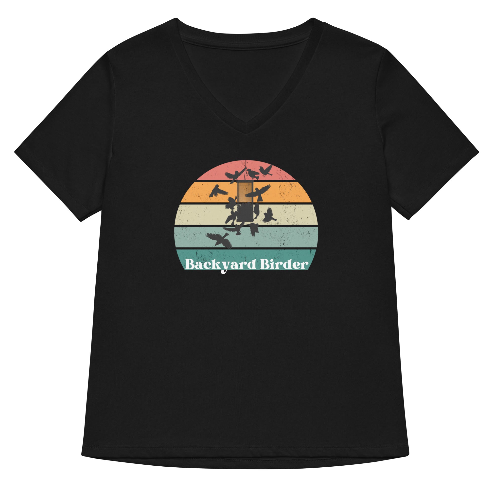 Black women's v-neck bird shirt with a retro sun design outlining a bird feeder with the words Backyard Birder.