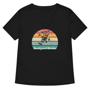 Black women's v-neck bird shirt with a retro sun design outlining a bird feeder with the words Backyard Birder.