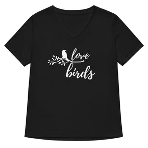 Black women's v-neck birding t-shirt with the words Love birds and a graphic of a bird on a branch in white.