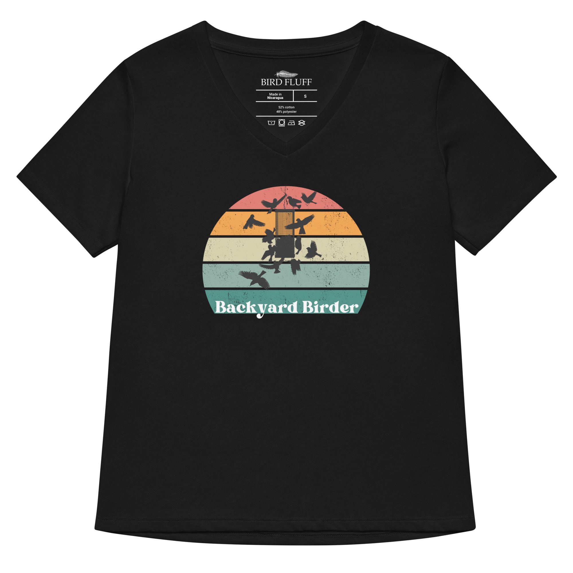 Black women's v-neck bird shirt with a retro sun design outlining a bird feeder with the words Backyard Birder.