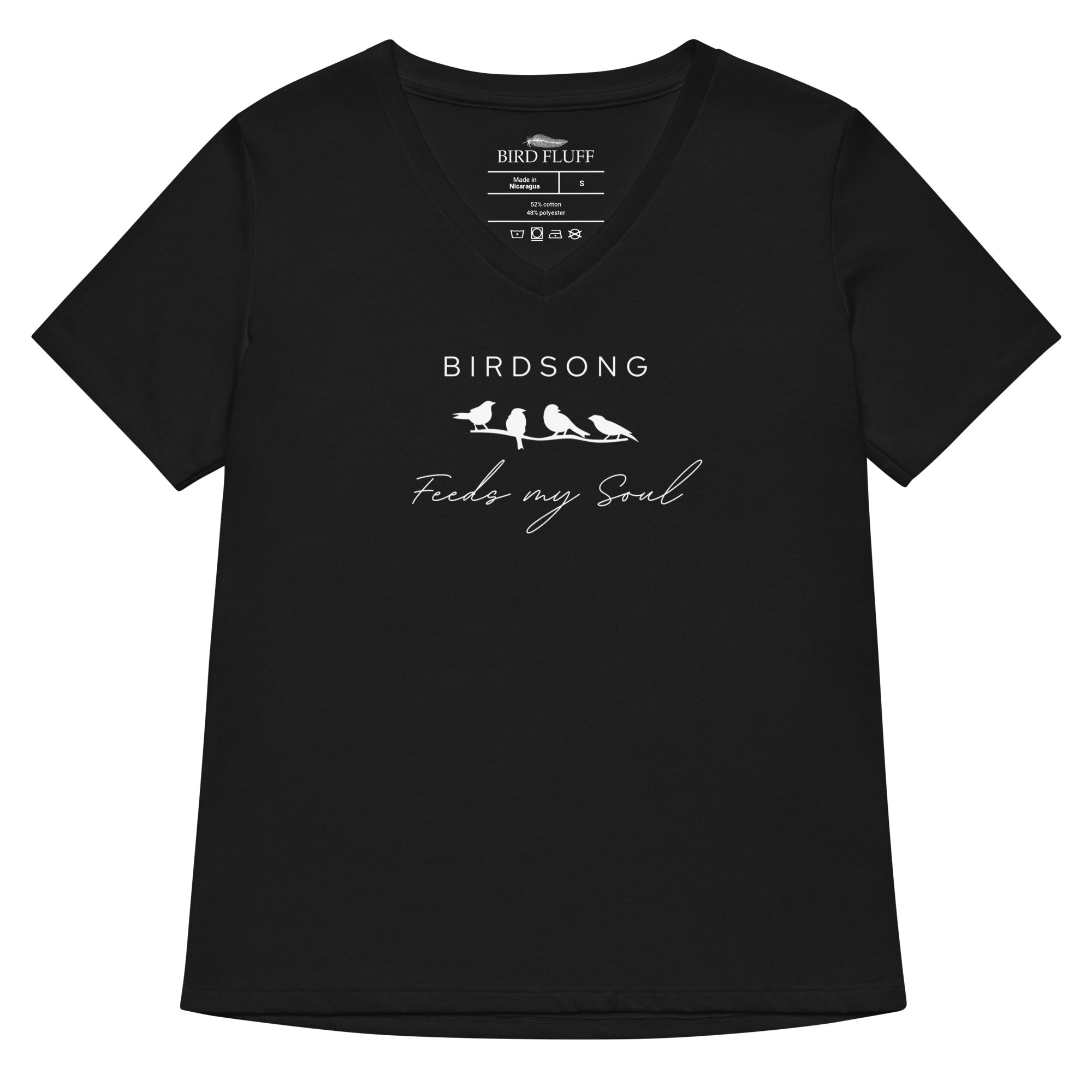 Black women's v-neck bird t-shirt with the words Birdsong feeds my soul placed above and below a white graphic of 4 birds on a branch.