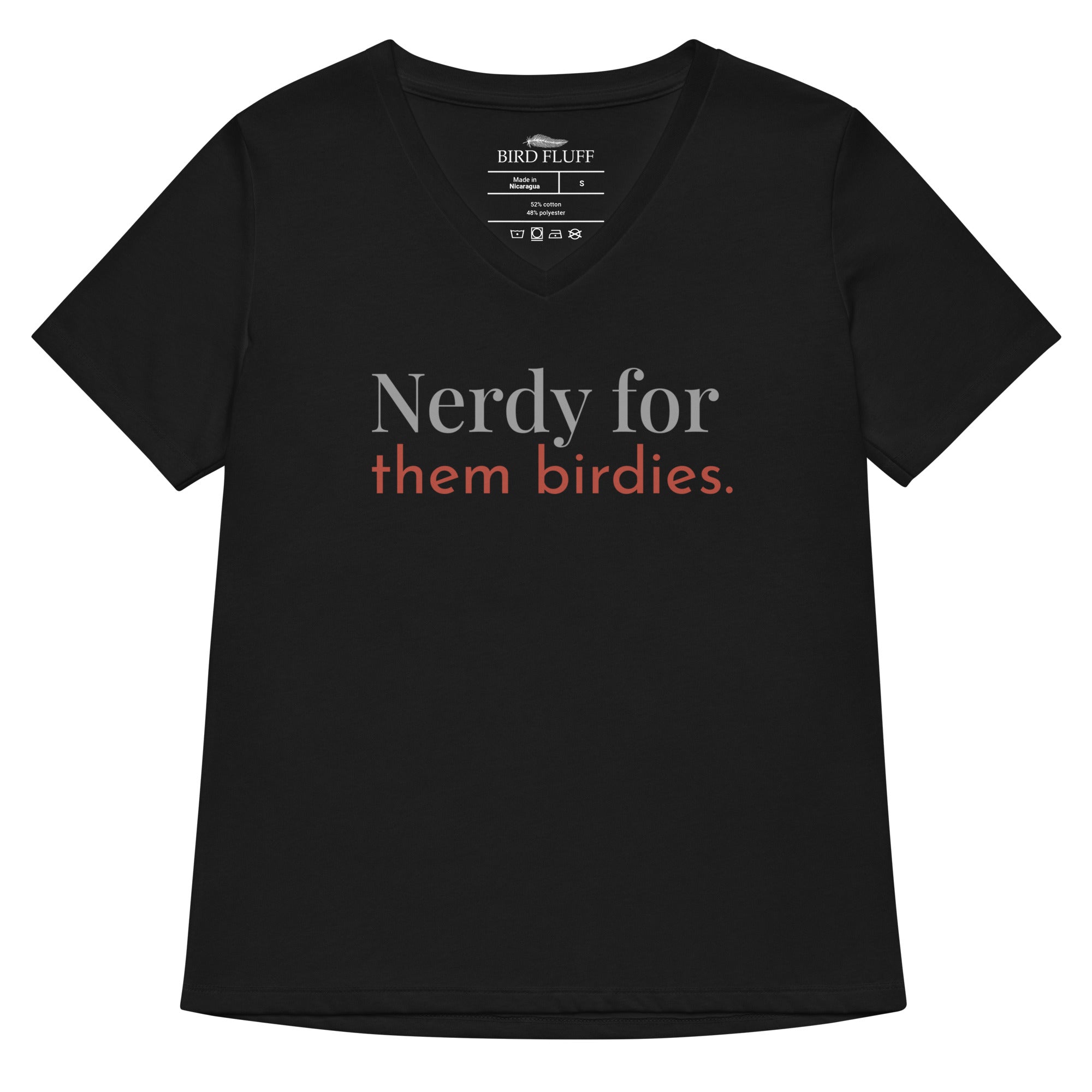 Black women's v-neck bird shirt with the words Nerdy for them birdies on the front in two coordinating fonts and colors.