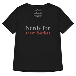 Black women's v-neck bird shirt with the words Nerdy for them birdies on the front in two coordinating fonts and colors.