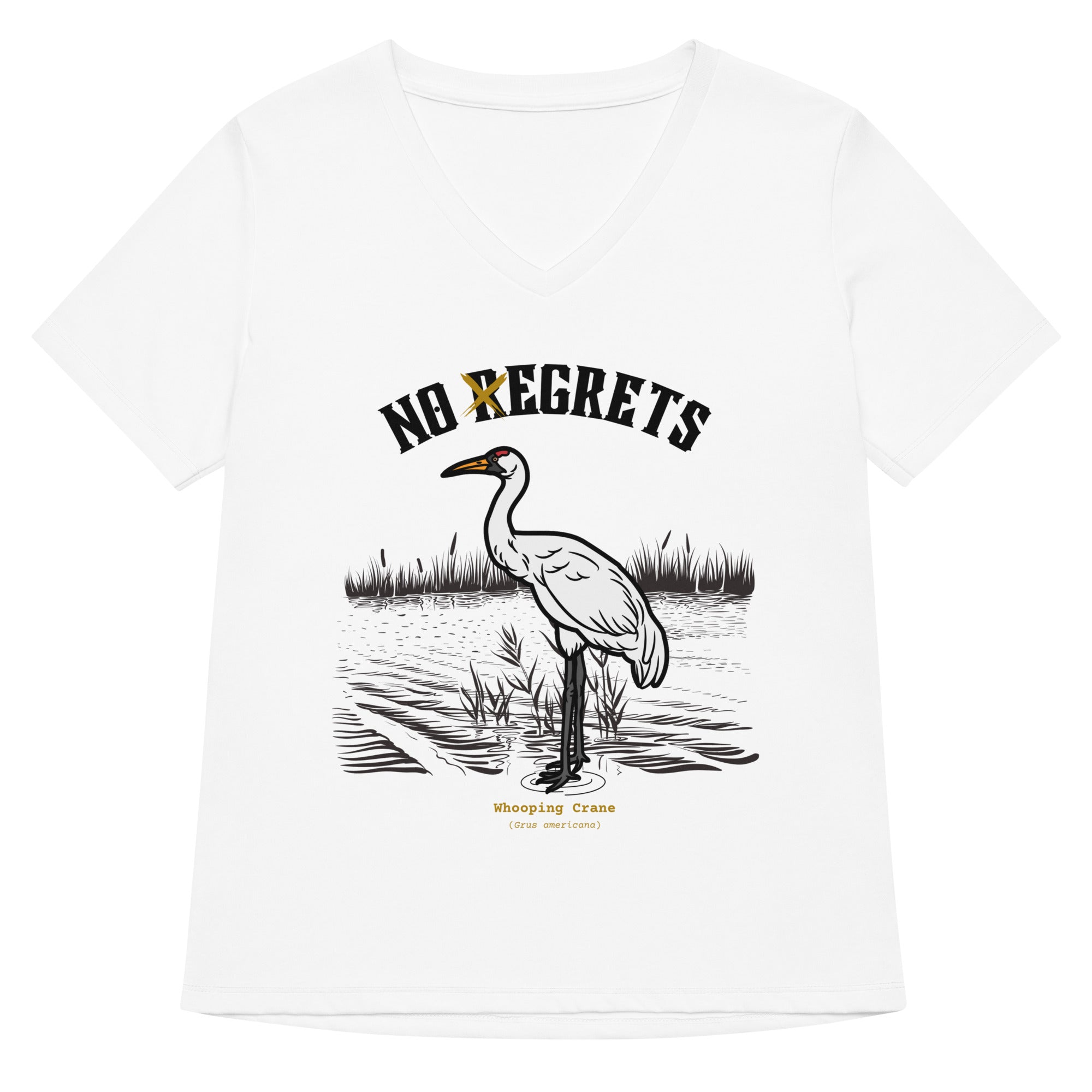 White women's bird shirt featuring a play on the "No Regrets" tattoo that has the "R" crossed out to say "No Egrets" with a Whooping Crane below in a wetland setting.