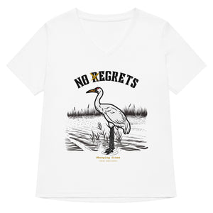 White women's bird shirt featuring a play on the "No Regrets" tattoo that has the "R" crossed out to say "No Egrets" with a Whooping Crane below in a wetland setting.