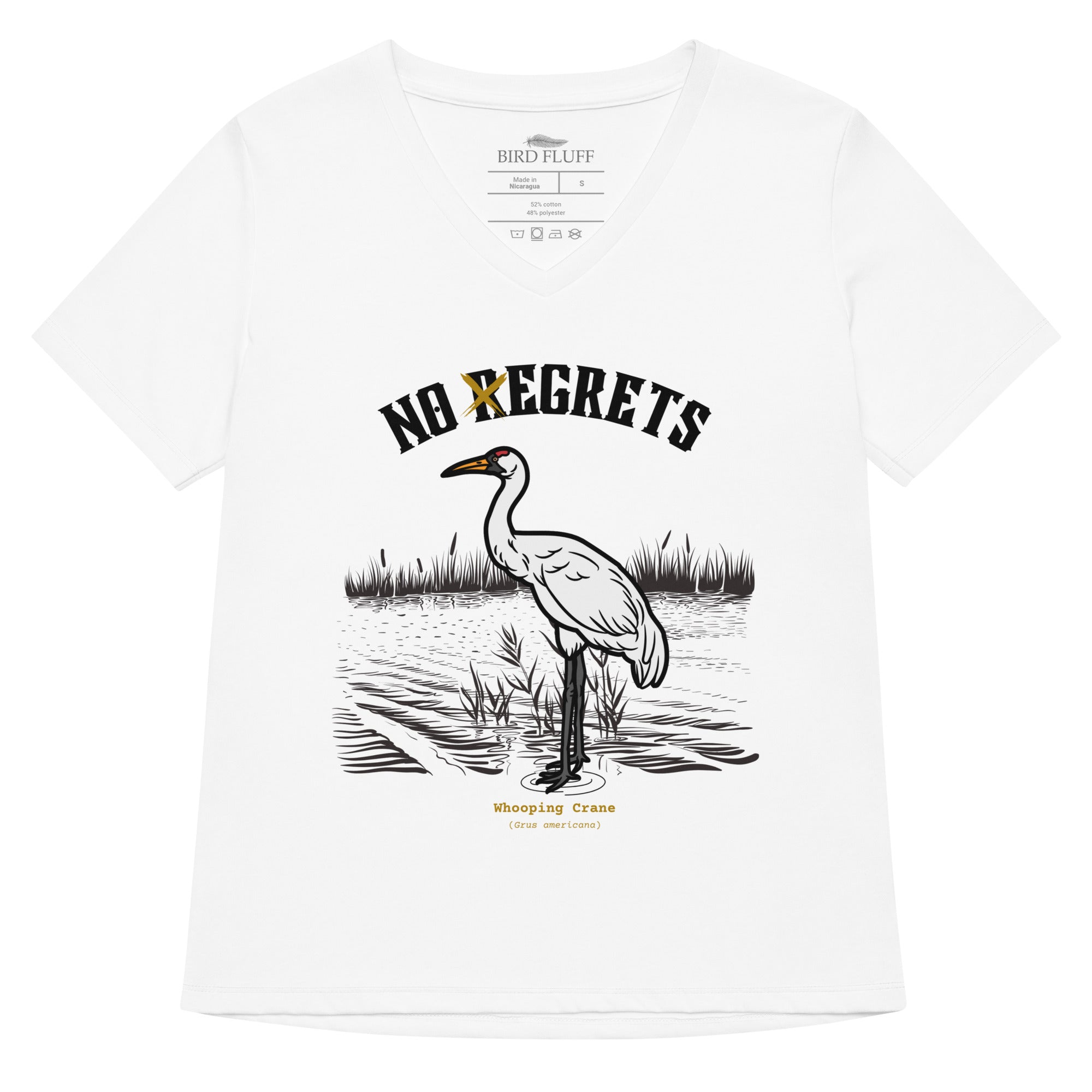 White women's bird shirt featuring a play on the "No Regrets" tattoo that has the "R" crossed out to say "No Egrets" with a Whooping Crane below in a wetland setting.