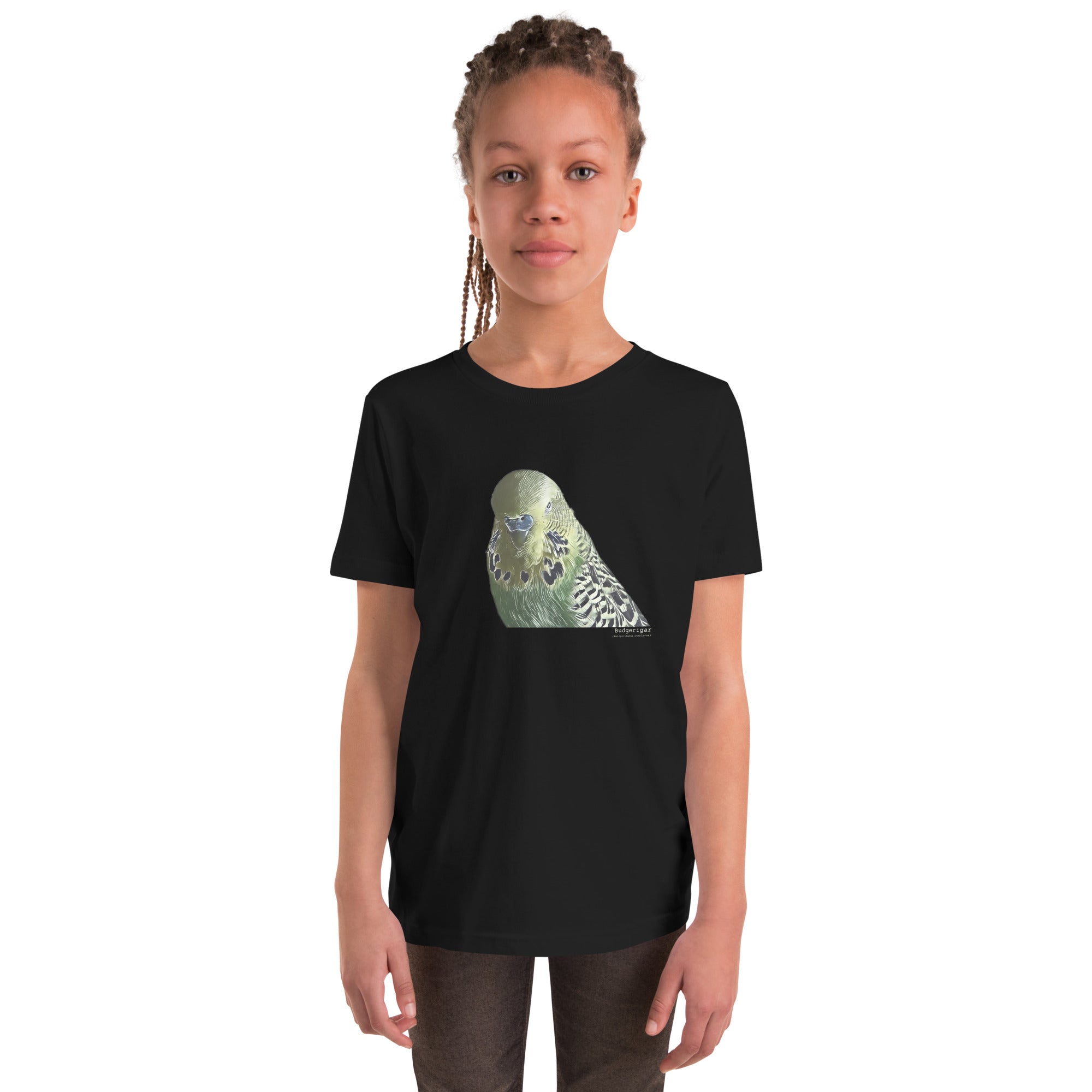 Black unisex youth bird t-shirt with an illustrated and lifelike graphic of a green and yellow parakeet or budgie on the front. Below and to the right of the picture is the word Budgerigar and below that the scientific name in parenthesis in small print.