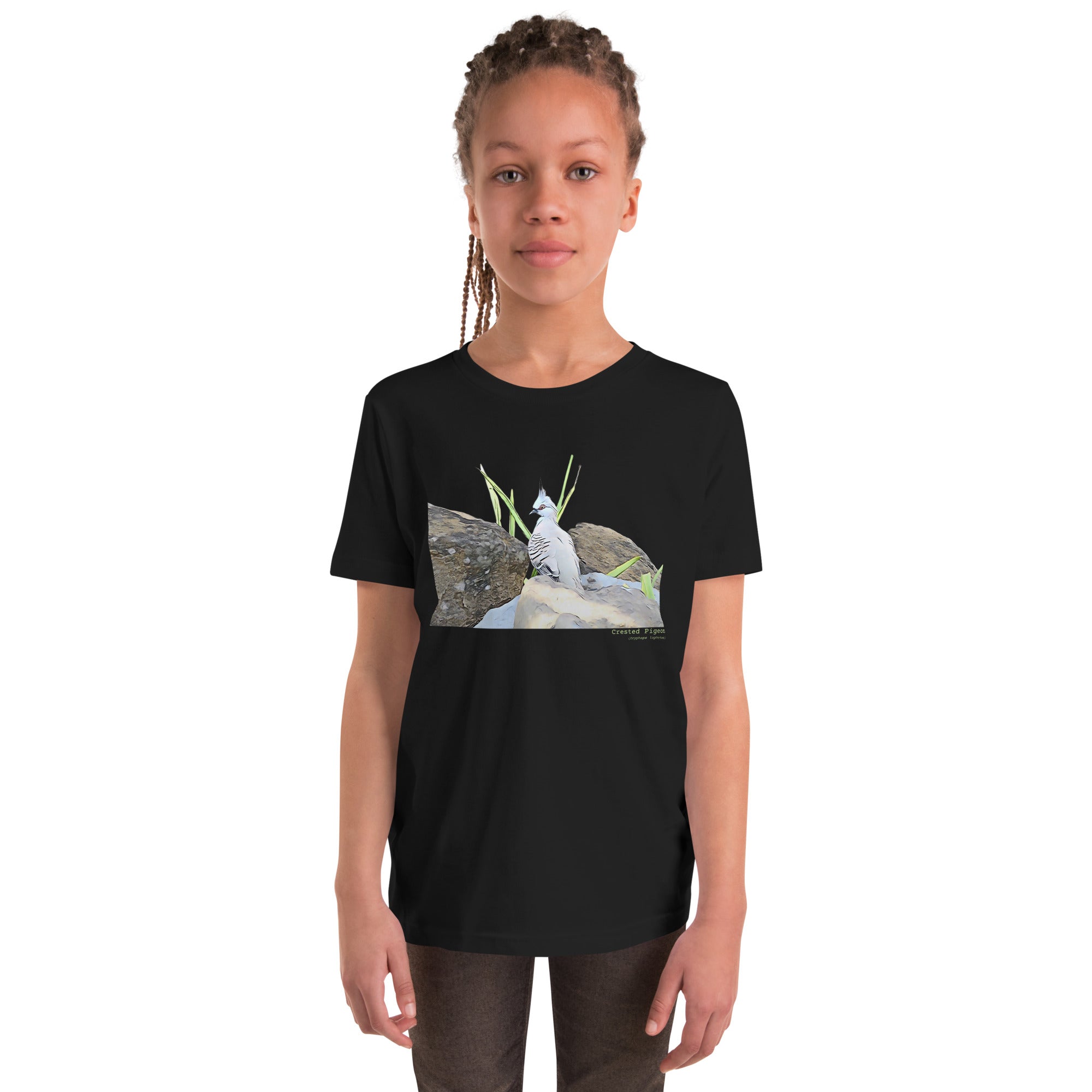 Navy unisex youth bird t-shirt with a graphic of a crested pigeon among some rocks and grass on front, and the words crested pigeon written below and the scientific name below that.